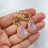 Natural Rose Quartz Earrings, Women Earrings, Gemstone Earrings, Gold Plated Earrings, Teardrop Earring, Sold By Pair